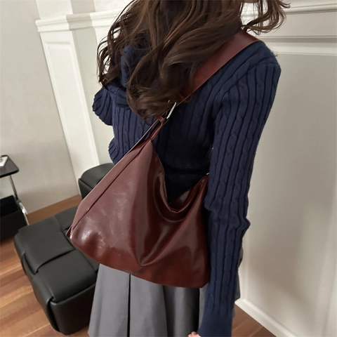 Vintage PU Leather Large Capacity Hobo Bag For Women Solid Color Glossy Street Trend Shoulder Crossbody Commuter Tote Bag