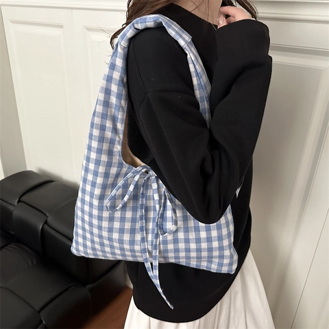 Borsa a Tracolla da Donna a Quadretti Gingham Retrò Grande Capacità Leggera Borsa per la Spesa con Decorazione a Fiocco Borsetta in Tessuto Casual