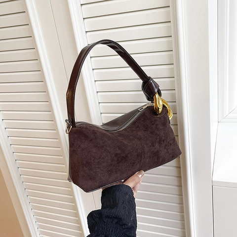 Borsa a Mano Baguette in Camoscio Vintage per Donna Borsa a Tracolla Retro Con Cuciture a Catena d'Oro Borsa da Pendolare Minimalista