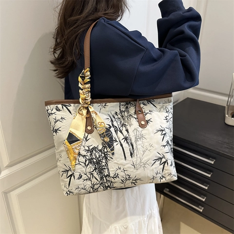 Neuer Chinesischer Stil Bambus Druck Tote Bag Für Damen 2025 Große Kapazität Segeltuch Umhängetasche Dekorativer Schal Handtasche