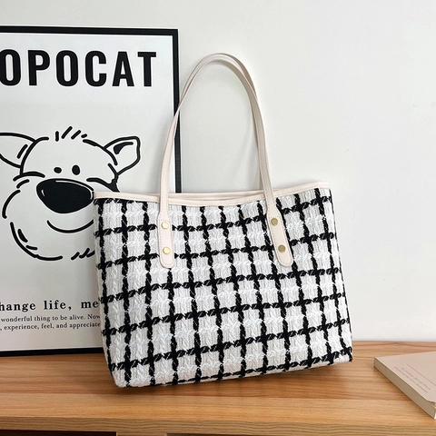 Grand Sac Cabas Femme en Laineux Plaid Mode Minimaliste Sac à Épaule pour Navettage Sac à Main Femme Polyvalent