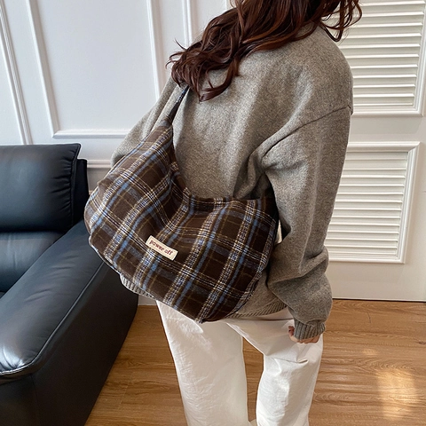 Große Damen Kapazität Hahnentritt Tote Bag Vintage Tweed Kariert Umhängetasche Koreanischer Stil Achsel Schultertasche Mode Handtasche