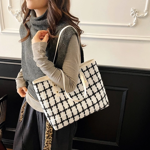 Grand Sac Cabas Femme en Laineux Plaid Mode Minimaliste Sac à Épaule pour Navettage Sac à Main Femme Polyvalent