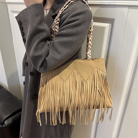 Bohemien Fransen Große Tragetasche Für Damen Vintage Ethno Wildleder Schultertasche Mit Geflochtenem Gurt Große Kapazität Handtasche