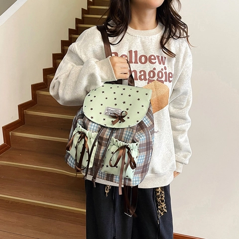 Vintage Preppy Nylon Karierter Rucksack Für Damen Mit Schleife Und Sternenmuster Große Kapazität Mode Schule Rucksack