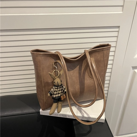 Borsa Tote Grande Capacità per Donna Vintage in Pelle PU Borsa a Spalla Con Ciondolo Coniglio Pendolarismo Borsa a Mano Studente