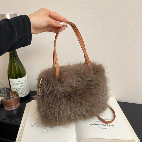 Bolso de Cubo de Peluche de Piel Sintética para Mujer Bolso de Hombro Suave y Peludo Otoño Invierno Color Sólido Bolso Diario