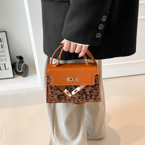 Borsa a Mano da Donna in Pelle PU con Stampa Leopardata Borsa a Tracolla Stile Kelly Vintage con Chiusura Piccola Shopping Bag