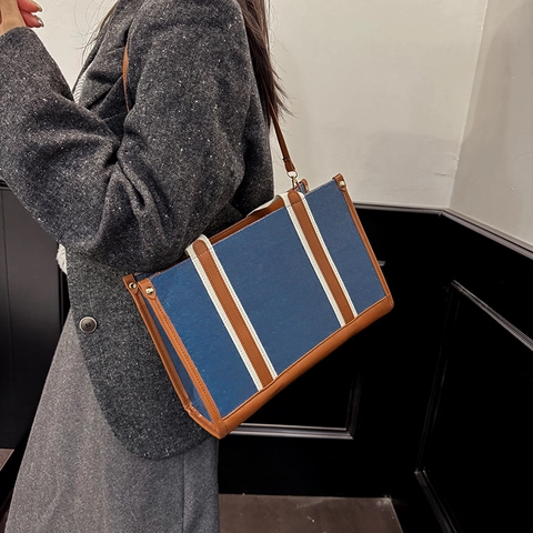Mode Damen PU Patchwork Denim Stijl Tote Tasche Große Kapazität Umhängetasche Mit Verstellbarem Riemen