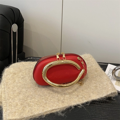Women Luxury Evening Clutch Bag PU Leather Litchi Texture Metal Handle Gold Chain Strap Crossbody Bag Party Wedding Handbag