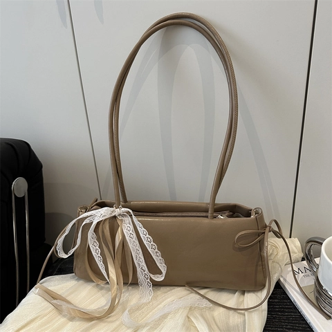 Women's Baguette Underarm Bag With Lace Bow Detail Elegant PU Leather Solid Color Fashion Shoulder Handbag For Daily Commute