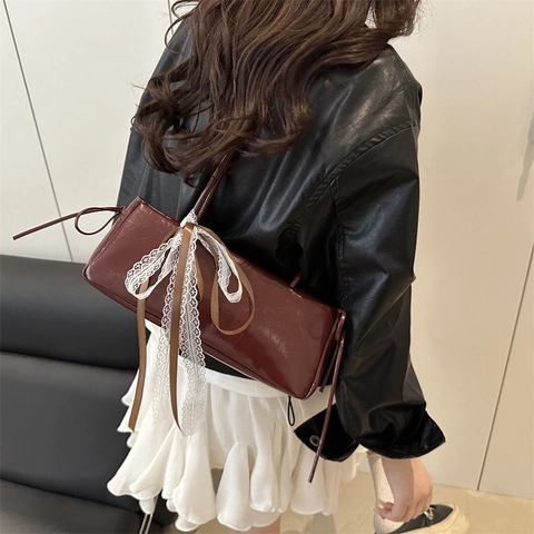 Women's Baguette Underarm Bag With Lace Bow Detail Elegant PU Leather Solid Color Fashion Shoulder Handbag For Daily Commute