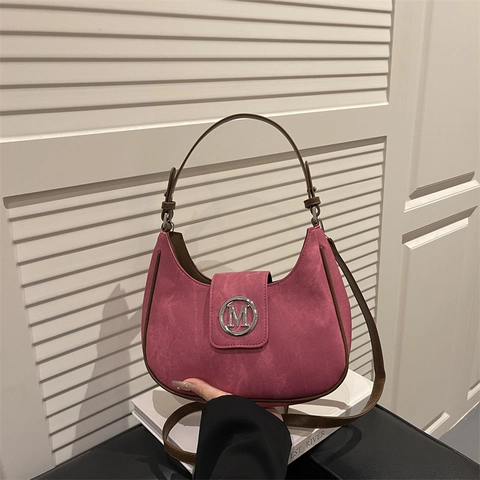 Vintage Suede Texture Half Moon Bag Women Retro Contrast Color Underarm Bag Metal M Decor Shoulder Crossbody Bag