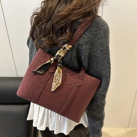 Vintage Leopard Print Tote Bag For Women Suede Texture Shoulder Bag With Satin Scarf Decor Large Capacity Office Handbag