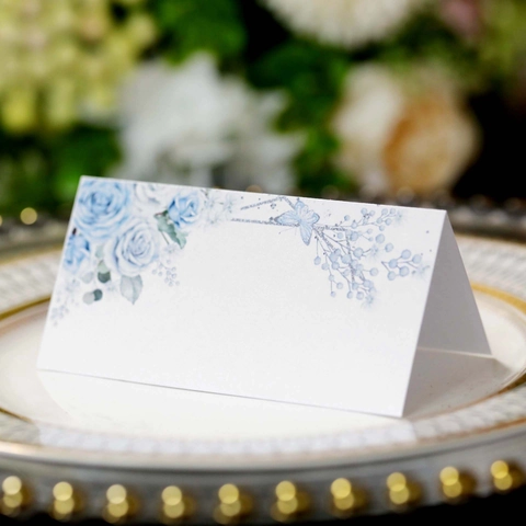 Blue Rose Butterfly Floral Print Folding Place Cards For Wedding Banquet Table Setting Elegant Pearlescent Paper Seating Cards