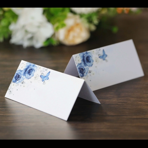 Marque-places de Table en Forme de Tente Imprimés Rose Bleue Papillon Papier Perlé pour Décoration de Table Mariage Banquet Fête
