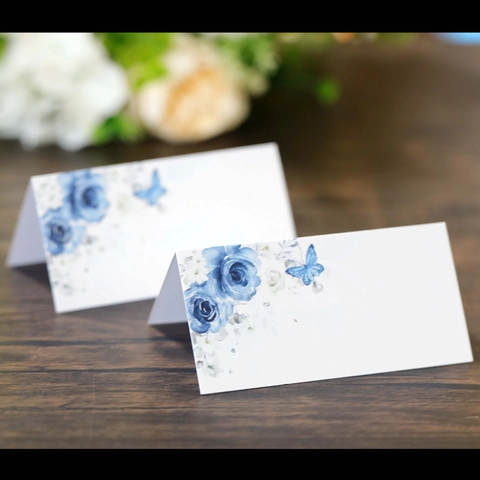 Marque-places de Table en Forme de Tente Imprimés Rose Bleue Papillon Papier Perlé pour Décoration de Table Mariage Banquet Fête