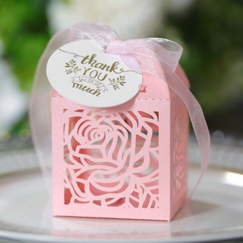 Scatole Bomboniera Rosa Taglio Laser Con Nastro Etichette Thank You Carta Perlata Per Matrimonio San Valentino Festa