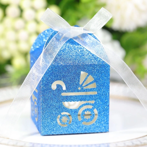 Scatola di Caramelle per Baby Shower Taglio Laser Passeggino Carta Luccicante Scatola Regalo Con Nastro per Battesimo Festa