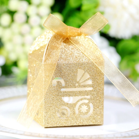 Scatolina Porta Confetti Glitter Carrozzina Traforata Con Nastro Taglio Laser Scatola Caramelle per Baby Shower Festa Compleanno