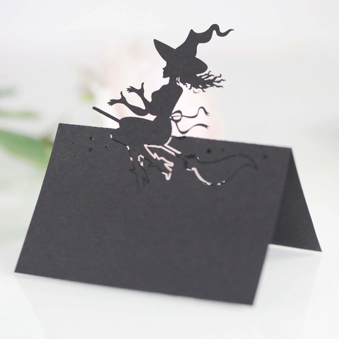 Halloween Witch Broomstick Laser Cut Place Cards Pearlescent Paper Seat Cards For Party Banquet Table Name Card Decorations