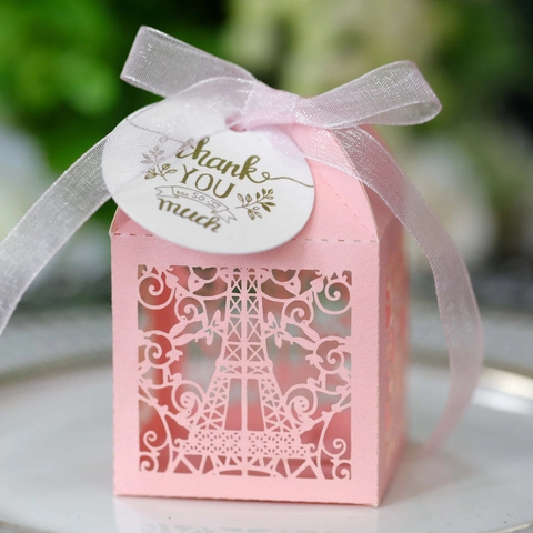 Eiffel Tower Laser Cut Candy Box With Ribbon And Thank You Tag Pearl Paper Favor Box For Wedding Party Banquet Chocolate Gift