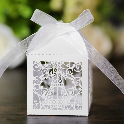 Eiffel Tower Laser Cut Candy Box Hollow Out Pearl Paper Gift Box With Ribbon For Wedding Party European Style Chocolate Boxes