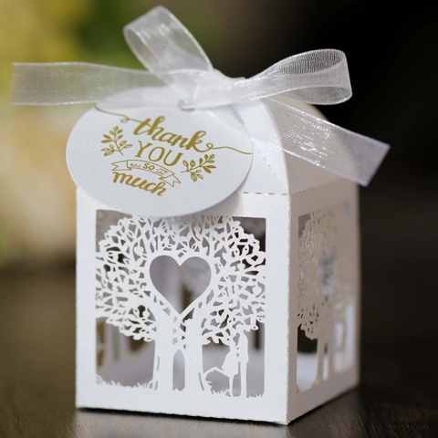 Scatola Regalo per Matrimonio Taglio Laser Albero dell'Amore Cuore Traforato con Nastro e Cartellino Thank You Carta Perlata Festa