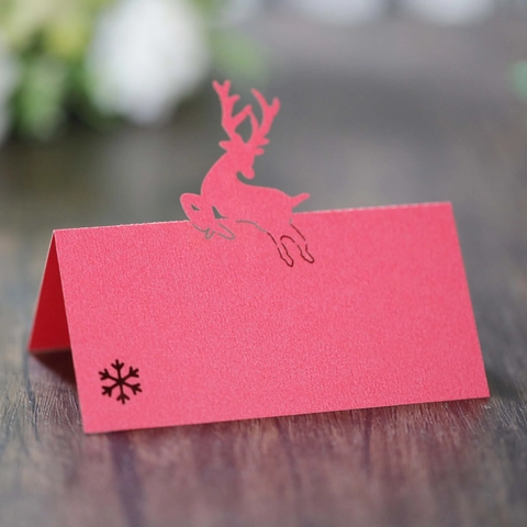 Segnaposto Natalizi Europei a Forma di Renna Tagliati al Laser Carte Nome in Carta Perlata per Decorazione Tavola di Matrimonio e Banchetto Design Renna e Fiocco di Neve