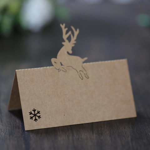 Tarjetas de Lugar de Papel Kraft Huecas con Corte Láser de Reno y Copo de Nieve para Boda Navidad Fiesta Tarjetas de Mesa Estilo Europeo