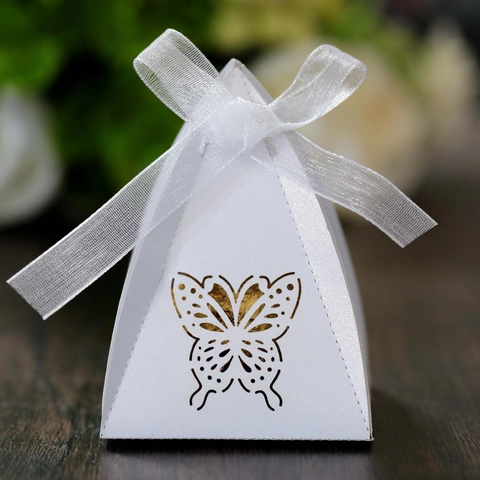 Pyramid Butterfly Hollow Candy Box Laser Cut Pearlescent Paper Wedding Favor Boxes With Ribbons For Chocolate Gift Packaging