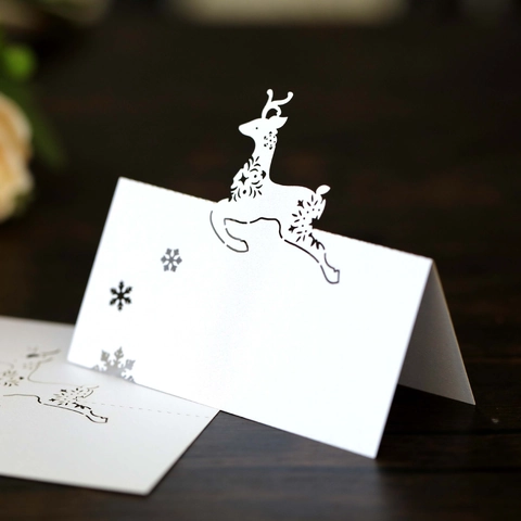 Tarjetas de Lugar de Corte Láser de Reno y Copo de Nieve Navidad Boda Banquete Tarjetas de Nombre de Mesa Papel Perlado