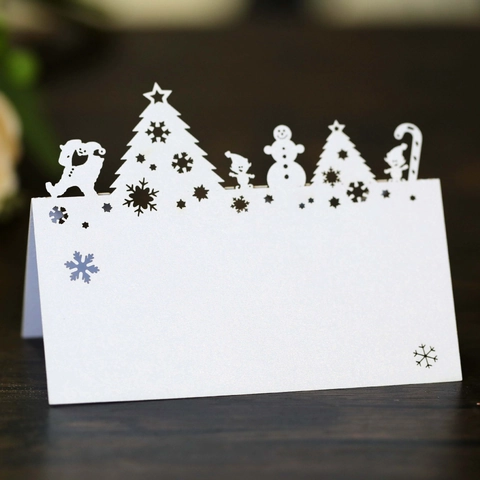 Marque-places Noël Découpe Laser Sapin et Bonhomme de Neige Cartes de Nom en Papier Nacré Cartes de Siège Pliables pour Mariage Fête