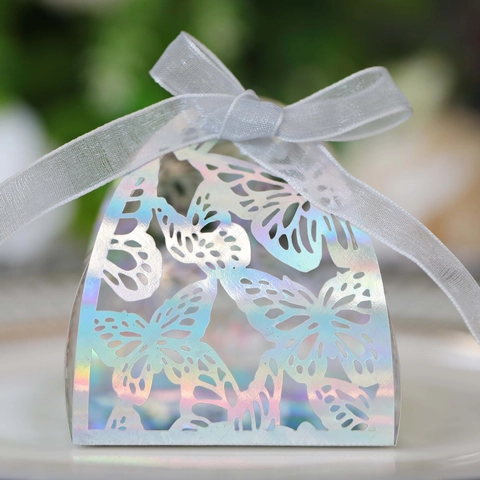 Lasergeschnittene Schmetterling Hochzeit Süßigkeitenbox Irisierend Perlmuttpapier Geschenkbox Mit Band Für Geburtstag Party