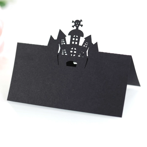 Laser Cut Halloween Place Cards Haunted Castle Skull Design Pearlescent Paper Table Seat Name Cards For Party Decoration