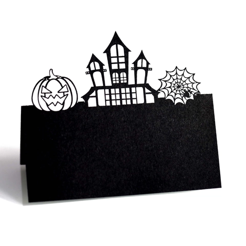 Marque-places Halloween Découpe Laser Motif Château Citrouille Toile d'Araignée Papier Perlé Cartes de Table pour Fête Banquet Décor