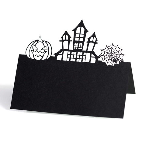 Marque-places Halloween Découpe Laser Motif Château Citrouille Toile d'Araignée Papier Perlé Cartes de Table pour Fête Banquet Décor