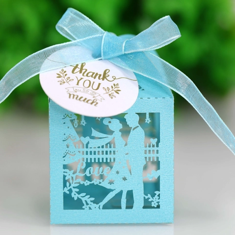 Scatola per Caramelle Romantica Tagliata al Laser con Nastro Etichetta di Ringraziamento Confezione Regalo Amore Coppia per Matrimonio