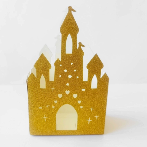 Scatole di Caramelle a Castello Tagliate al Laser Oro Glitter Decorazione Matrimonio Festa Carta Perlata Confezione Regalo