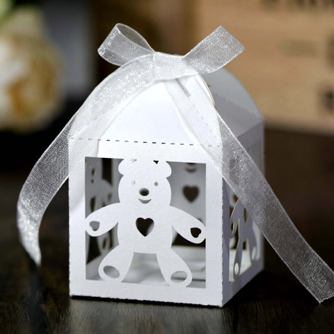 Laser Cut Teddy Bear Hollow Candy Box With Ribbon Bow For Wedding Party Birthday Baby Shower Gift Paper Packaging Box