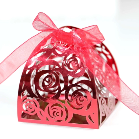 Scatola per Caramelle Intagliata al Laser a Forma di Rosa in Carta Riflettente Bomboniere per Matrimonio con Nastro di Raso