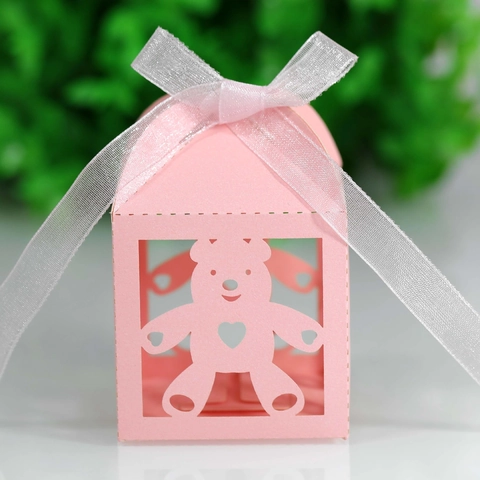 Laser Cut Teddy Bear Hollow Candy Box With Ribbon Bow For Wedding Party Birthday Baby Shower Gift Paper Packaging Box