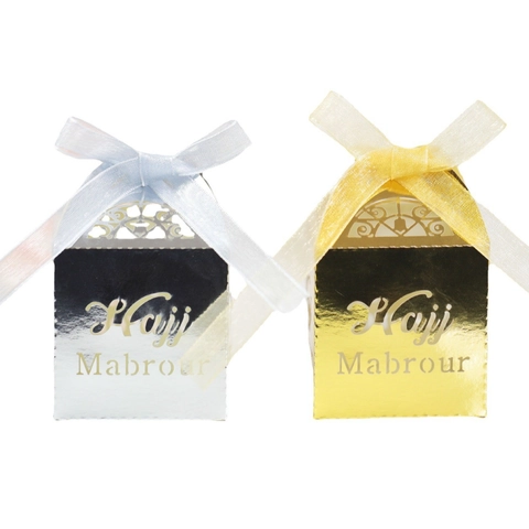 Laser Cut Hajj Mabrour Favor Boxes Reflective Gold Silver Paper Gift Box With Ribbon For Eid Mubarak Party Celebration Wedding