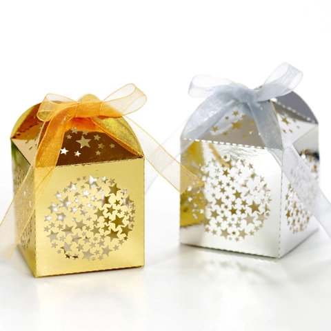 Laser Cut Star Hollow Pearlescent Paper Candy Box With Ribbon Bowknot For Wedding Birthday Party Gift Packaging Favor Case