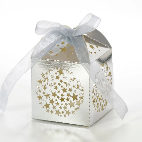 Laser Cut Star Hollow Pearlescent Paper Candy Box With Ribbon Bowknot For Wedding Birthday Party Gift Packaging Favor Case