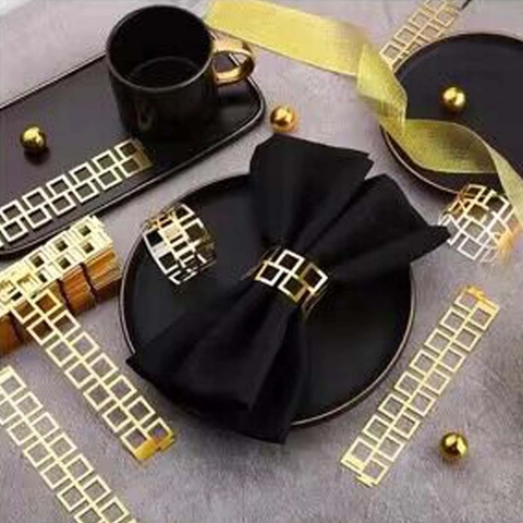 Reflective Paper Napkin Rings Geometric Hollow Grid Design Metallic Gold Silver Napkin Holders For Wedding Banquet Table Decoration