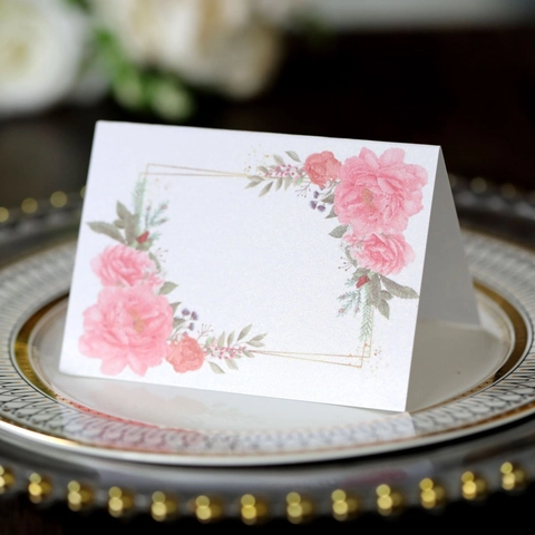 Hochzeit Florale Tischkarten Perlmuttpapier Faltbare Tisch Namenskarten Goldrahmen Dekoration Für Bankett Party Empfang