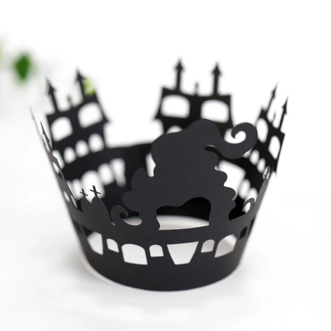 Halloween Black Laser-cut Cupcake Wrappers Gothic Castle Witch Cross Hollow Paper Cake Liners For Party Dessert Decor