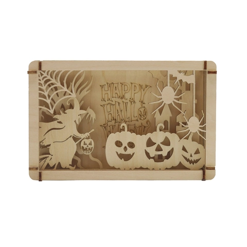 Halloween DIY Laser Cut Pine Wood 3D Shadow Box Frame Decorative Pumpkin Witch Spider Web Wall Hanging Home Party Decor