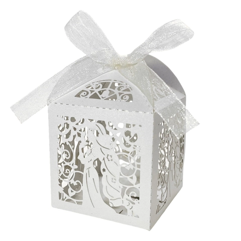 Lasergeschnittene Papier Süßigkeitenbox Hohle Hochzeitsbevorzugung Geschenkbox Mit Band Meerjungfrau Prinzessin Silhouette Schokolade